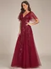 Elegant Evening Dress Romantic Shimmery Deep V-Neck Ruffle Sleeves Ever Pretty of 2024 Burgundy Gauze Sequin Maxi Long Gowns 240323