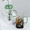 Wine Glasses 900ml Super Large Water Cup With Straw Capacity Cute Print Square Bottle Cartoon Couple Household Glass Mug