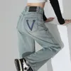 Jeans Womens Spring 2024 Ny hög midjebantningsdesign med V-formade golv som sveper breda benbyxor