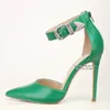 Dress Shoes Green Mat Leather Pointy Teen Pumps Metal Buckle Strap 12 cm Stiletto Heels Cut-Out beroemdheid ondiep