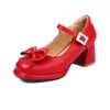 ドレスシューズGirseaby Mary Janes Women Pumps Round Toe Block Heals 6.5cmプラットフォームバックルストラップボウノットプラスサイズ41 42 43甘い女の子