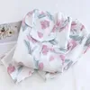 Roupas em casa Primavera / outono Algodão puro Gaze de pijama fino de calça de manga longa e de mangas compridas Cardigan Suit de crepe floral