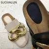 Slippers Brand Design Women Women Slipper Fashion Big Chain Sandals Sapatos redondos do dedo do pé MULES