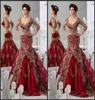 2019 Czerwone sukienki wieczorowe 34 Długie rękawy arabski jajjacuture haft v dekolcie vestidos bal na bal