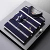 Business w paski koszulka polo na męską wiosnę i jesień nowe haftowane logo Lapel Pure Cotton Long Sleved T-shirt z dolną warstwą