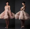 2016 Krikor Jabotian Ball Gown Short Wedding Dresses Charming Blush Pink Organza Flowers Vestido De Noiva Sexy Strapless Bridal Go6443682