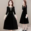 Casual Dresses Vintage Applique Velvet Party Dress Women Elegant Slim Long Sleeve A-Line 2024Spring Kne-Length Vestidos