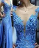 Jupe bleu applique perles Plus taille paillettes robe de soirée de soirée manche de casquette transparente