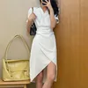 Party Dresses Women's Summer Chic Shirt Elegant Short Sleeve Plain Slim Midje Wrap Dress Office Lady Pendder Black White Korean