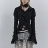 Karrcat Gothic Black Lace Shird Dark Aesthetic Relurly Blouses Yamamoto Style Grunge Flare Sleeve V-Neck Shirt Vintage Y2K Emo 240327