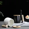 Mugs Hasital Porcelain Coffee Cups Set 2 Pieces Ceramic Wooden Handle 400ml Couple Black White With Spoon Bamboo Lid