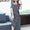 Party Dresses AYUNSUE Woman Summer Dress 2024 Silk Plaid Clothes Elegant Vintage Ladies Short Sleeve Vestidos De Mujer Casual