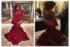Romantic Red Evening Dress Mermaid With Rose Floral Ruffles Sheer Prom Gown With Applique Long Sleeve Prom Dresses With Bra Sweep 6933066