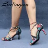 Dance Shoes Ladingwu Salsa Jazz Ballroom Latin Black For Dancing Social Strip High Heels Featured Graffiti Satin Sandals