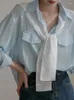 Damenblusen Büro Damen elegant solide volle Ärmel drehen Kragenhemden Schal für Frauen koreanische Freizeitdesignerbluse 2024 Sommer