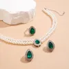 Halskettenohrringe Setzen Sie Doppelschicht Perlenohrringe Grüne Kristallschlüsselblätter Choker Anhänger