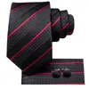 Bow Ties Hi-Tie Striped Black Red Mens Fashion Neckertie Mandkerchief Cuffle Links for Tuxedo Accessory Classic Silk Luxury Tie MAN CADEAU