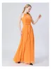 Robes décontractées Silk Georgette Marigold Orange Bodycon Chic sans manches plis élégants Backless Back Even Femme Femme Robe AE1038