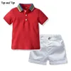 Top and Top Summer Boys Clothing Sets Short Sleeve Striped Cotton T-shirt BlouseShort Pant Kids Boy Gentleman Clothes 2Pcs Suit 240325