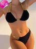 Дизайнерские сексуальные бикини наборы 2024 New Fashion Women Sexy Triangle Womens Black Up Bra Womens Shiny Gold Belt Beach Mini J240403