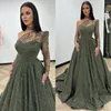 Olive Green Crystal Evening Dresses Elegant One Shoulder En linje Turkiet Prom Dress Beaded Custom Made Illusion Formal Party Bowns