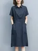 Party Dresses Summer Vintage for Women 2024 Casual Loose Cotton Polo Collar Short Sleeve Office Lady Pleated Vestidos