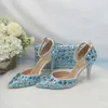 Sandaler Fashion Bride Wedding Shoes With Bag Set Blue Pointed Toe Ankle Strap Crystal Bridesmaid Party Dress Rhinestone