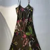 Casual Dresses Women Sleeveless A-Line Sling Dress Flower Print V-Neck Silk High Waist Sexy Ladies Vintage Mid-Length Robe