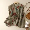 Women's Blouses Sleeveless Vest Floral Printing Vintage Linen O-Neck Single Breasted Blouse Shirt Female Clothing Tops 2024 Spring