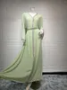 Ethnic Clothing Muslim Women Dress Dubai Party Gown Modern Chiffon Studded Belt Light Green V-Neck Long Sleeved Beaded