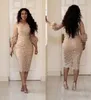 New Arival Champagne Lace Plus Size Mother of the Bride Dresses Long Puff Sleeve Sheath Tea Length Evening Dress Party Dresses5375863