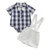 Kledingsets 0-24 m baby babyjongen zomer outfits korte mouw knop naar beneden 3d bowtie plaid tops verstelbare suspender shorts