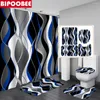 Shower Curtains Blue Geometric Wavy Curtain Sets Black And Gray Striped Toilet Lid Cover Bath Mat Non-Slip Rugs Modern Bathroom Decor