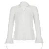 Kadın bluzları seksi örgü üstleri kadınlar y2k uzun kollu gömlek şeffaf zarif 2024 parlama sokak kıyafetleri boktan beyaz üstten gör