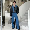 IEFB Fashion Mens Set Niche Design TwoPiece Patchwork Suit Denim Leather Spliced Jacket Short Straigt Pants 2023 9C2563 240403