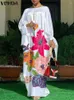 Casual Dresses Women Satin Silk Dress VONDA Summer Bohemian Maxi Sundress 2024 Elegant Floral Printed Loose Long Sleeve Party Robe Femme