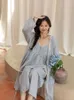 Women Spring Summer 3 Pcs Pajams Gown Set Female Sweet Geometric Printed Robe Top Pants Home Clothing Casual Loose Nightdress 240326