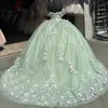 Quinceanera lucido verde menta vestiti dalla spalla Sweet 16 abiti 3d Flower Applique Lace Tull Vestidos 15 de Quinceanera