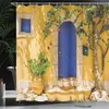 Zasłony prysznicowe żółte i niebieskie tradycyjne greckie drzwi domowe ozdobioną śródziemnomorską scenerią kwiatów drzew w B