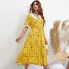 Платья для вечеринок keby zj summer sweet girl elegant Женская печать V-образное желтое с коротким рукавом повседневное длинное платье Женская одежда