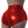 Kvinnors trosor Kvinnor sommaren 2024 Candy Color Pleated Sports High midja Ruched Glänsande PU -läder stretchiga byxor Sensuella fetischshorts