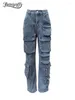 Frauen Jeans Benuynffy 2024 Cargohose Amerikanische Streetwear Vintage Multi-Tocket Casual Straight Taille Y2K Kleidung