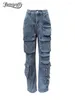 Jeans féminins Benuyffy 2024 Pantalon de cargaison American Streetwear Vintage multi-poche décontracté Low Raist Y2K Vêtements