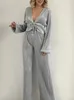 Home Clothing Women Pajamas 2 Piece Set Casual Long Sleeve Slit Hem Button Down Shirt Wide Leg Pants Loungewear Sets Streetwear Outfits