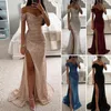 Party Dresses Women Gown Dress Elegant V-Neck Off Shoulder Maxi Sequin Pleated Short Sleeve Waist Tight Evening Prom