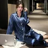 Thuiskleding Koreaanse ins -stijl Solid Simulated Silk Pyjama's voor vrouwen 2024 Tweede stuk set huiskleding herfst herfst mode casual slaapkleding