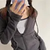 Deeptown Vintage Zip Up Cropped Hoodies Women Korean Style Streetwear Hooded Sweatshirts Kpop Solid Color Y2k Long Sleeve Tops 240326