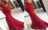Nouvelle en dentelle rouge sirène robes de bal veatidos au large des applications de perles d'épaule en tulle longueur de sol longues robes de soirée BA38094329206