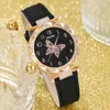 Нарученные часы 6pcs женский кварцевый Quartz Watch Black Butterfly Pattern Кожа и 5 стильных повседневных браслетных наборов