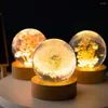 Estatuetas decorativas 3D Crystal Ball Flor Night Night Light Dandelion Lâmpada Presente de aniversário Decoração da área de trabalho com base